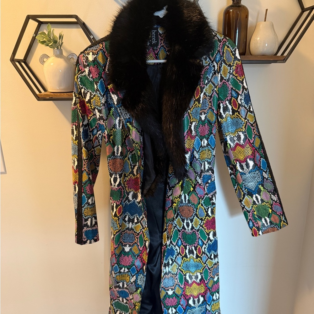Berek Multicolor Snake Print Trench Coat with Black Faux Fur Collar